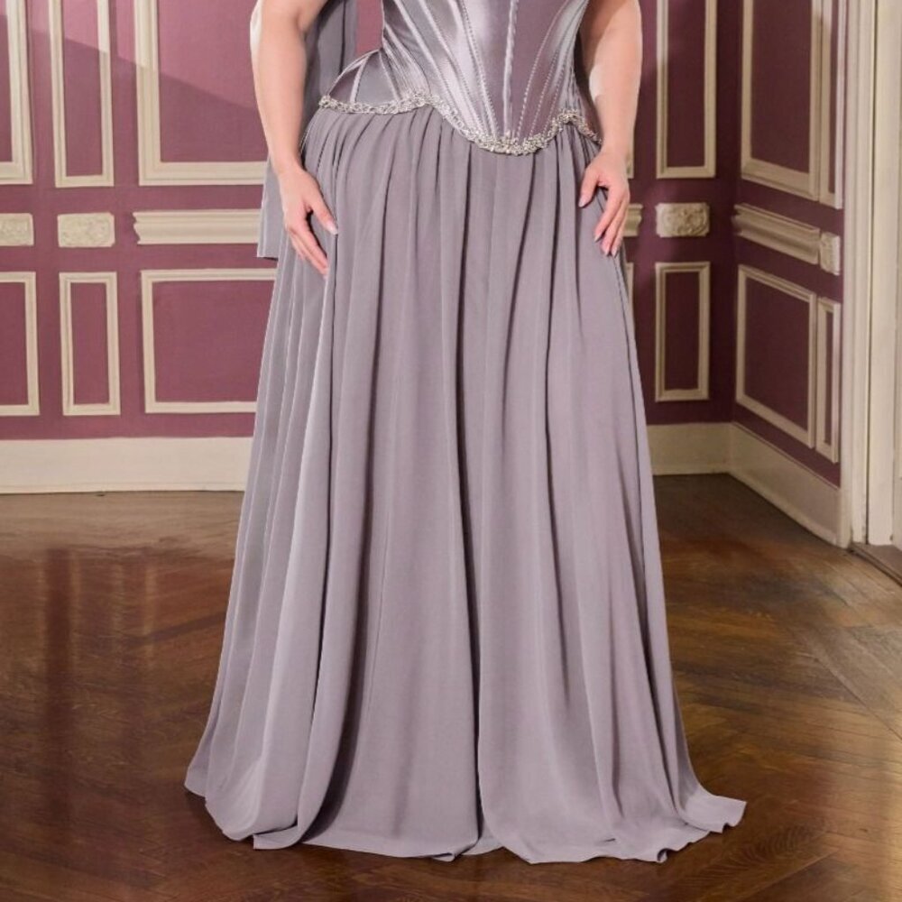 New Dark Silver Rhinestones Embellished Plus Size Gown w/ Corset Bodice CD668C - Picture 6 of 9